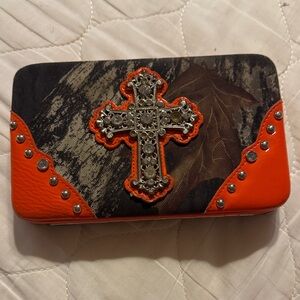 Embellished Cross Wallet in Orange and Camo